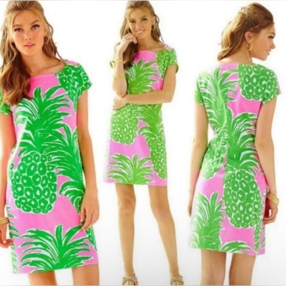 Lilly Pulitzer Loren Pink Green Pink Poutโ Flamenco Pineapple Knit Mini Dress XS